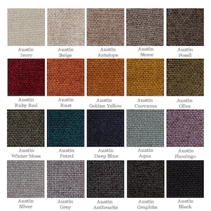 May include: A color palette of fabric swatches labeled "Austin" in various shades. Colors include ivory, beige, antelope, stone, fossil, ruby red, rust, golden yellow, curcuma, olive, winter moss, petrol, deep blue, aqua, flamingo, silver, grey, anthracite, graphite, and black.