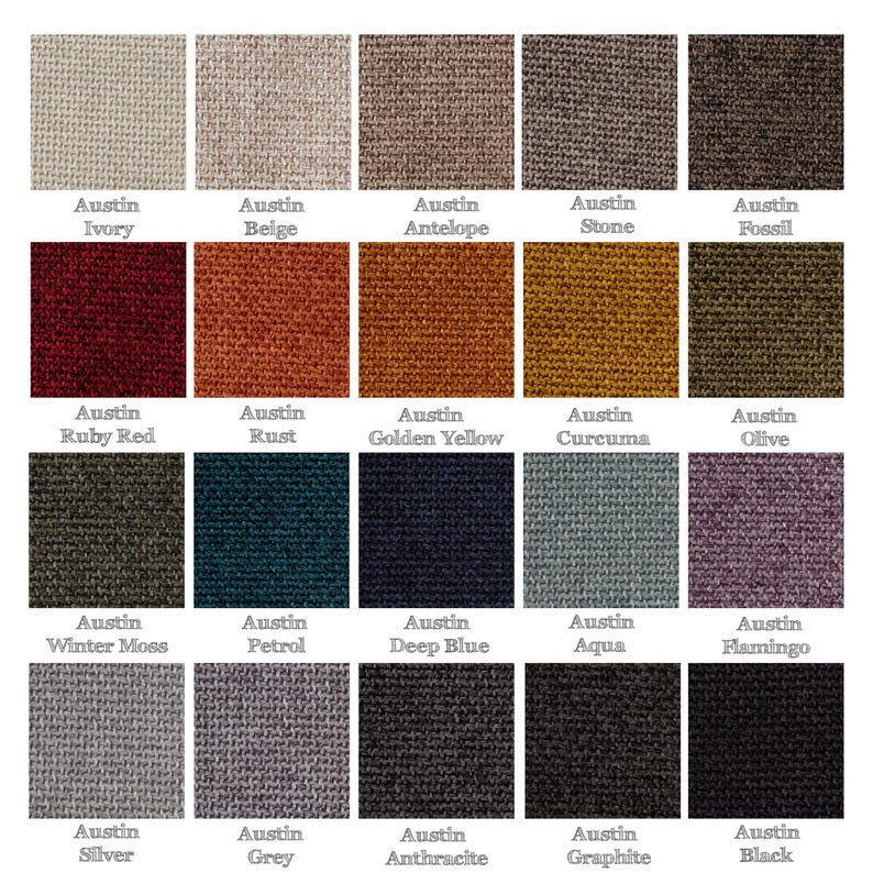 May include: A color palette of fabric swatches labeled "Austin" in various shades. Colors include ivory, beige, antelope, stone, fossil, ruby red, rust, golden yellow, curcuma, olive, winter moss, petrol, deep blue, aqua, flamingo, silver, grey, anthracite, graphite, and black.