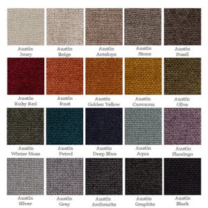 May include: A color palette of fabric swatches labeled "Austin" in various shades. Colors include ivory, beige, antelope, stone, fossil, ruby red, rust, golden yellow, curcuma, olive, winter moss, petrol, deep blue, aqua, flamingo, silver, grey, anthracite, graphite, and black.