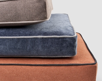 Double piping edge cushions 3 inch (7,5 cm)  thick. Multi-color piping. Custom size bespoke cushion.