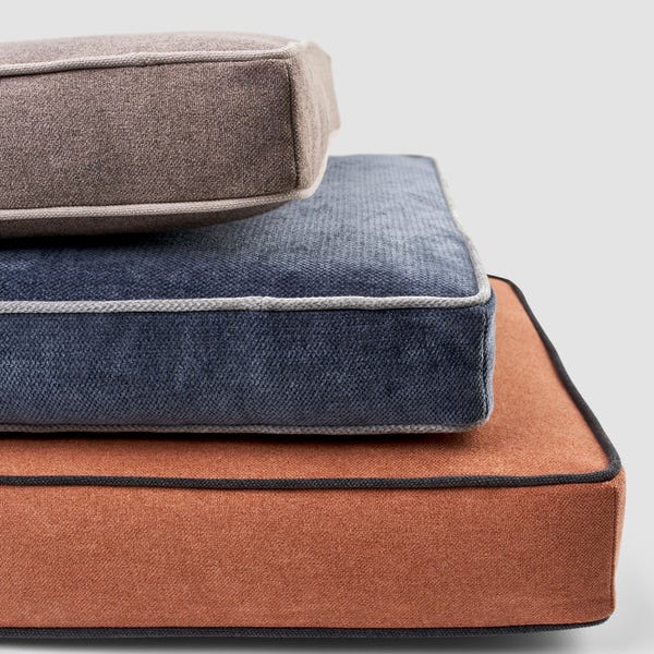 Double piping edge cushions 3 inch (7,5 cm)  thick. Multi-color piping. Custom size bespoke cushion.