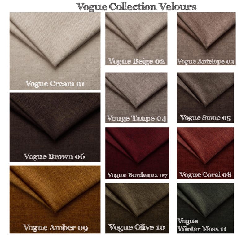 以下が含まれることがあります： 「Vogue Collection Velours」の生地見本コレクション。クリーム、ベージュ、ブラウン、バーガンディ、オリーブなど、さまざまな色合いの見本が並んでいます。各見本には「Vogue Cream 01」のように、色の名前と番号が記載されています。