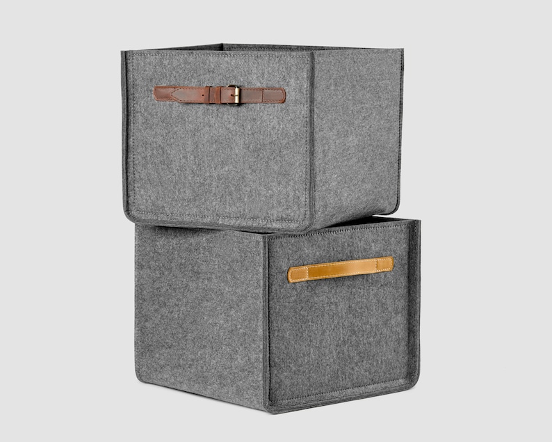 Storage box with leather hands for wardrobe shelfs. Custom size bins. image 7