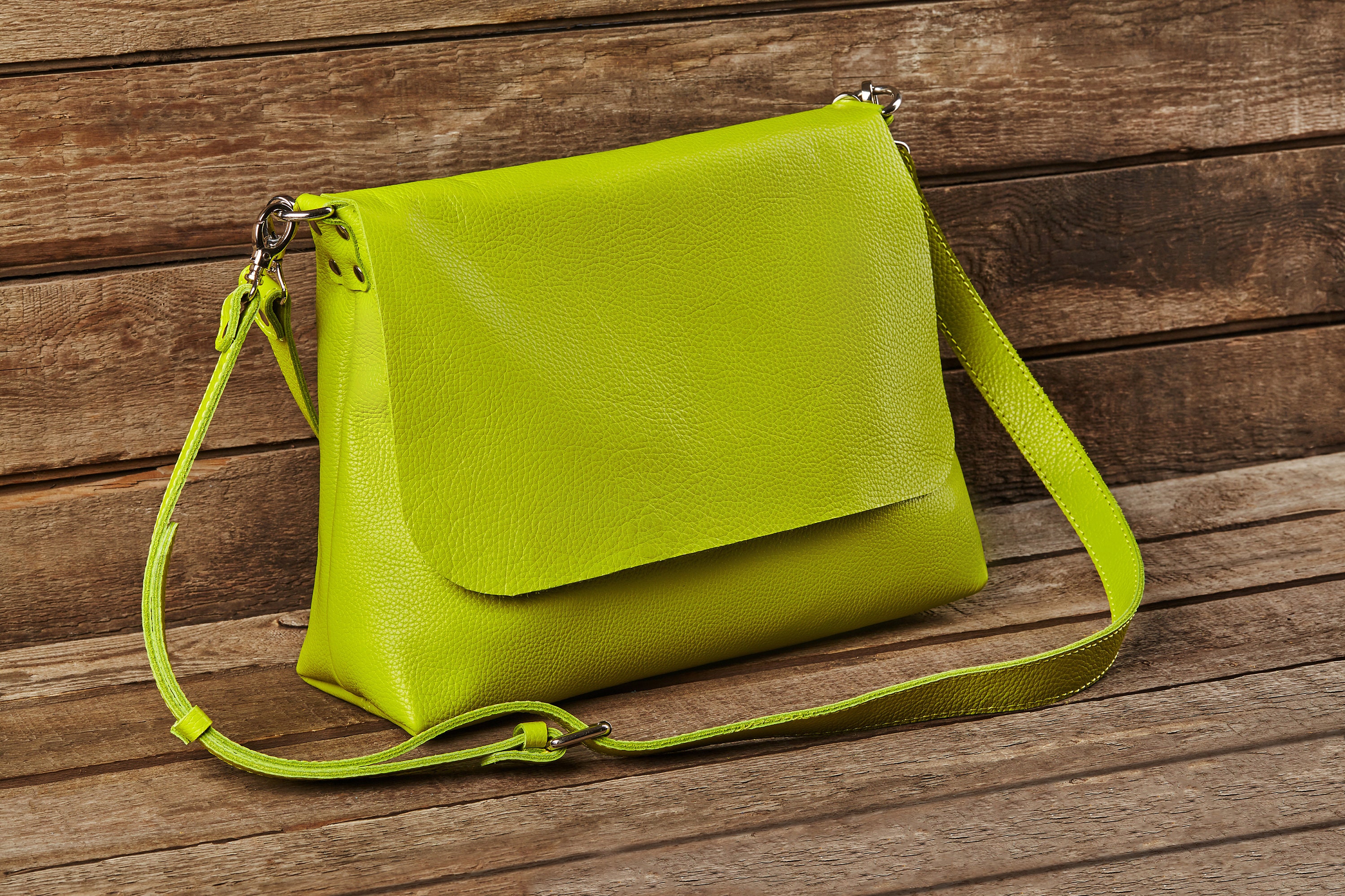 Leather crossbody bag light green color Etsy