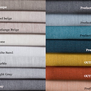 May include: A fabric swatch display featuring various colors, including taupe, beige, gray, and turquoise. Each swatch is labeled with a color name, such as "Prefect Taupe" and "Prefect Dark Gray". Some colors are marked "OUT OF STOCK".