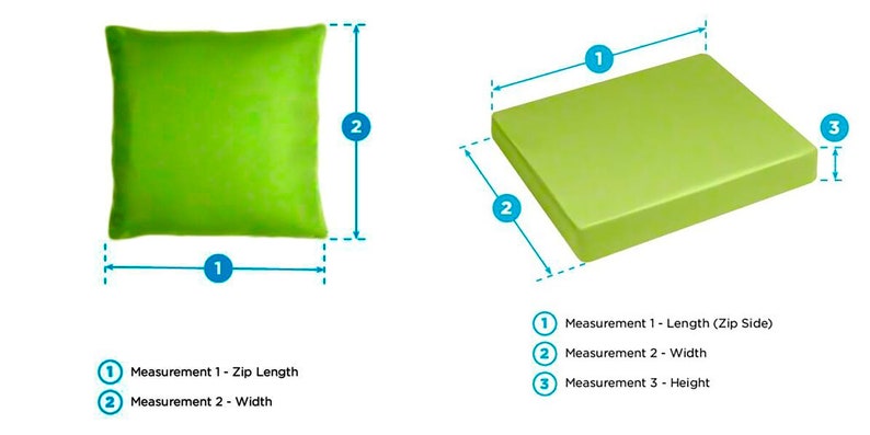 May include: Two green cushions with measurements labeled. The cushion on the left is a square pillow with a zipper on one side. The cushion on the right is a rectangular cushion with a height measurement.