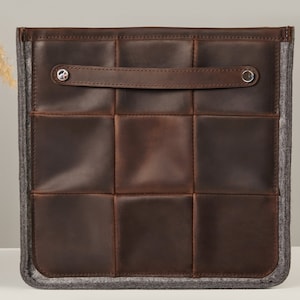 Leather storage bin with gray felt inner. Custom size is possible.