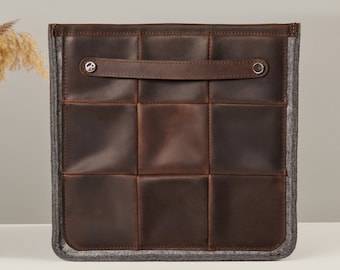 Leather storage bin with gray felt inner. Custom size is possible.