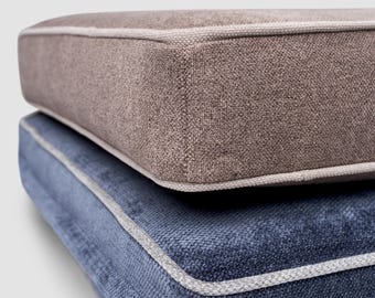 Cushions with piping. 3 inch (7,5 cm)  thick cushions. Custom size bench cushion. Multi-color piping.