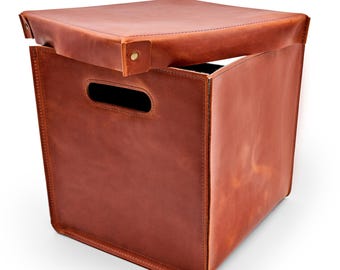 Premium Leather Storage Box with Lid | Handmade KALLAX Insert | Full-Grain Leather Bin for Home Organization