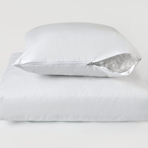 May include: A white zippered pillow with a white cotton filling. The pillow is on top of a white pillowcase.