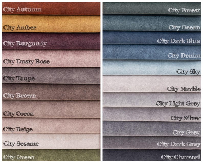 May include: A collection of fabric swatches in various colors, including City Autumn, Amber, Burgundy, Dusty Rose, Taupe, Brown, Cocoa, Beige, Sesame, and Green. The right side features City Forest, Ocean, Dark Blue, Denim, Sky, Marble, Light Grey, Silver, Grey, Dark Grey, and Charcoal.