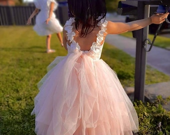 TuTulle Arisa Ivory white Peach Pink Tutu Champagne Lace and flowers princess dress. For flower girls occasions birthdays