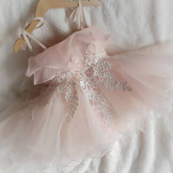 TuTulle Chloe lace organza ivory peach pink blue elsa princess tutu flower girl birthday special occasion dress christening weddings bridal