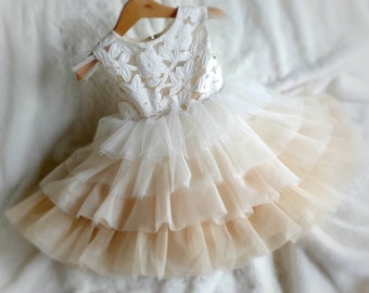 TuTulle Clara pink champagne peach gradient ivory lace tulle tutu for flower girls princess dress birthdays occasions