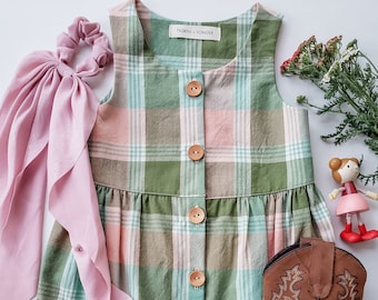 Green Gables Everyday Dress | Cotton Vintage Style Cottagecore | Little Girl Plaid Birthday | Toddler Garden Party | Wooden Buttons Outfit