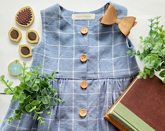Dusty Blue Checks Everyday Dress | Vintage Style Linen | Little Girl Birthday | Classic Girl's Cottagecore Outfit | Heirloom Handmade Gift