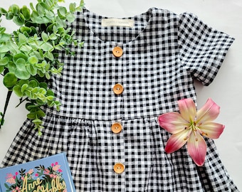 Black and White Gingham Everyday Dress | Vintage Style Linen | Classic Little Girl's Cottagecore Outfit | Heirloom Handmade Gift