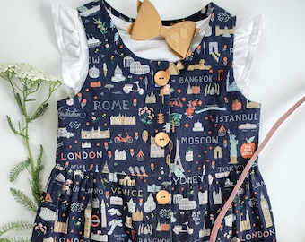 Little Traveler Everyday Dress | Vintage World Travel | Little Girl Birthday | Rifle Paper Co Toddler Party Outfit | Heirloom Handmade Gift