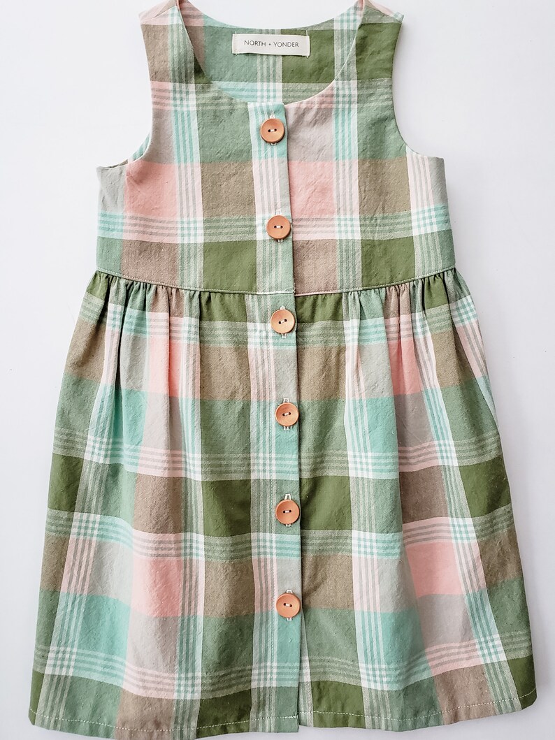 Green Gables Everyday Dress Cotton Vintage Style Cottagecore Little Girl Plaid Birthday Toddler Garden Party Wooden Buttons Outfit image 3