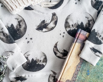 Backyard Shirt | Waffle Sweater Top | On the Farm | Green Moonrise | Grey Moon | Indie Designer | Waffle Knit Fabric