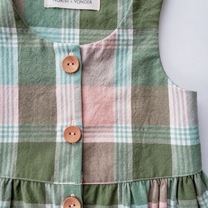 Green Gables Everyday Dress Cotton Vintage Style Cottagecore Little Girl Plaid Birthday Toddler Garden Party Wooden Buttons Outfit image 4