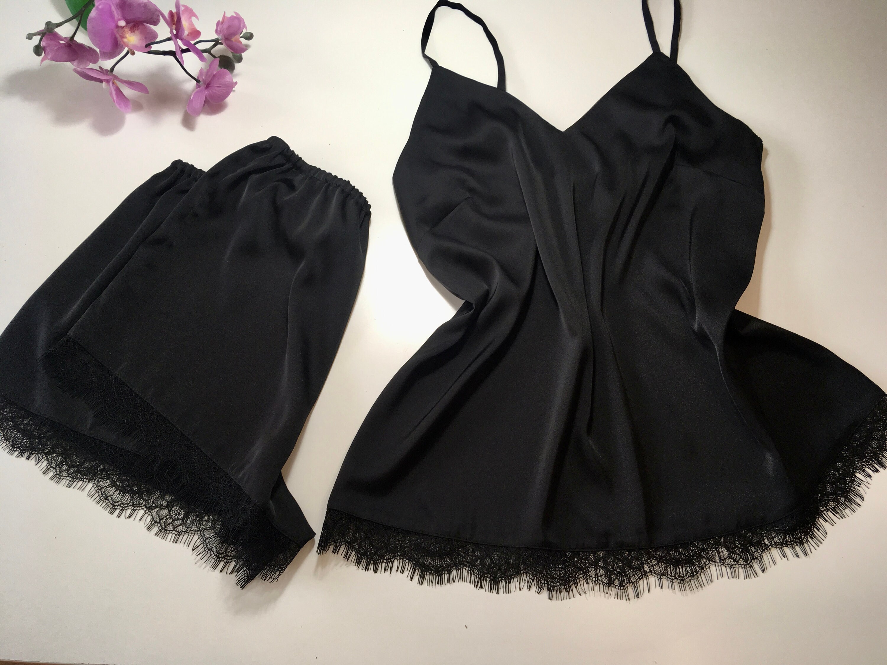Pijama de seda para mujer. Black Pajama Set Satin Lace Etsy