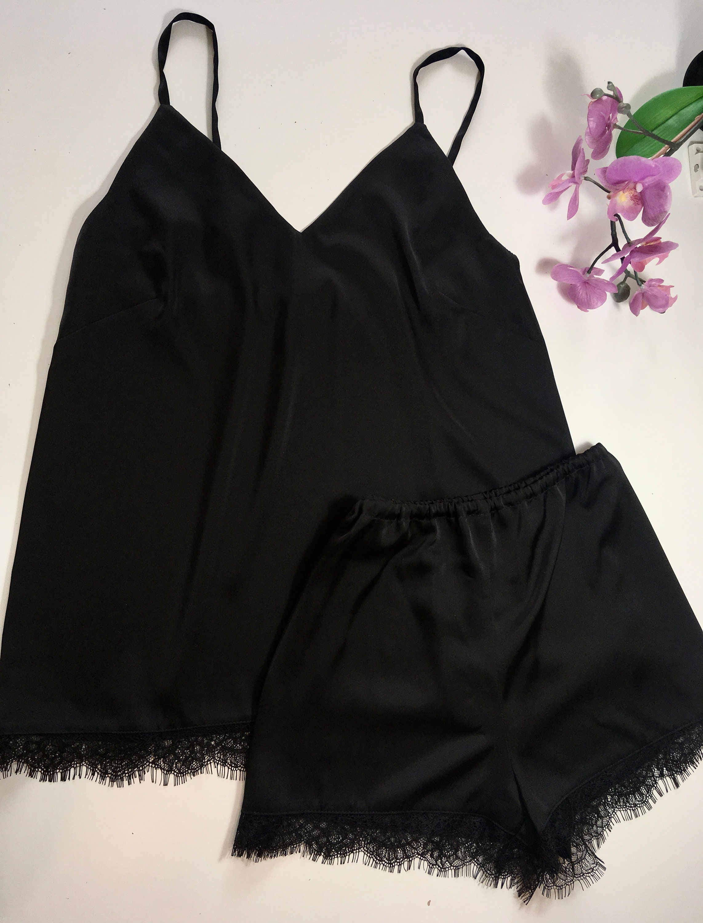 Pijama de seda para mujer. Black Pajama Set Satin Lace Etsy