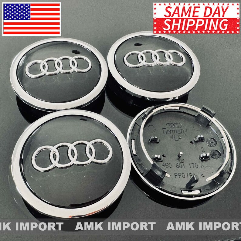 Set of 4 Black Wheel Hub Center Caps With Chrome Logo for Audi 69MM / 2