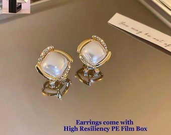 14K Gold Plated Symmetrical Pearl Huggie Hoop Stud Fashion Earrings