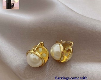 14K Gold Plated Symmetrical Pearl Huggie Hoop Stud Earrings