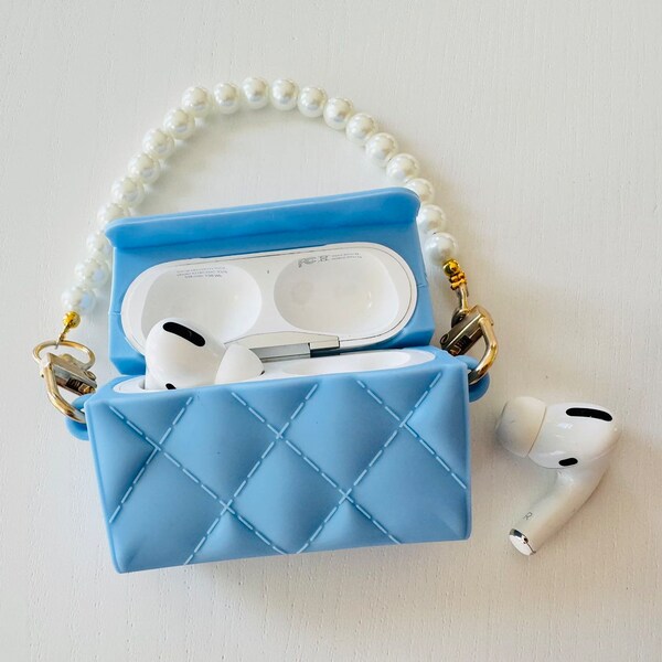 Apple AirPods Pro Case Blue Luxury Argyle Pattern Style Handbag Purse with Pearl Strap Silicone Earphone Cover Protector