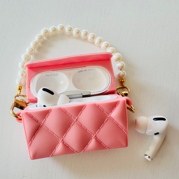 Apple AirPods Pro Case Pink Luxury Argyle Pattern Style Handbag Purse with Pearl Strap Silicone Earphone Cover Protector