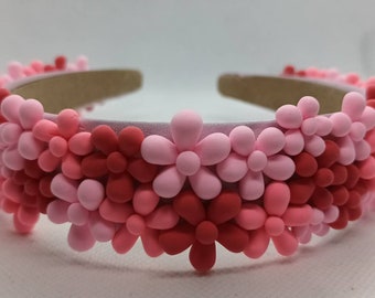 Pink headband, Flower headband, Clay headband, Gift for her, Everyday Headband, Clay flowers, Handmade flower headband, Satin headband