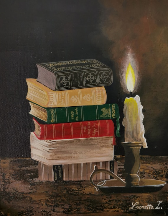 VINTAGE STYLE, Books and candle, Acrylic Painting on Canvas, Home decor,  Wall Art, Original artwork