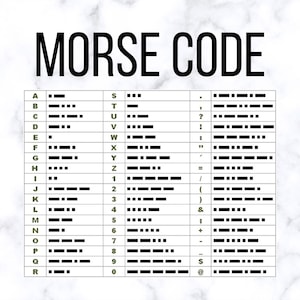 May include: A black and white chart with the title "Morse Code" and a table listing the letters of the alphabet, numbers, and punctuation marks with their corresponding Morse code symbols.