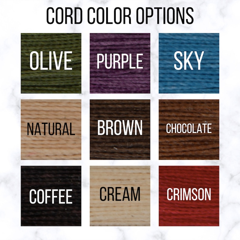 May include: A chart showing cord color options for a product. The colors are: olive, purple, sky, natural, brown, chocolate, coffee, cream, and crimson.