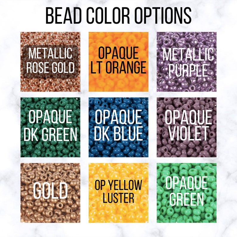 May include: A selection of 10 different colors of seed beads, including metallic rose gold, opaque light orange, metallic purple, opaque dark green, opaque dark blue, opaque violet, gold, opaque yellow luster, and opaque green.