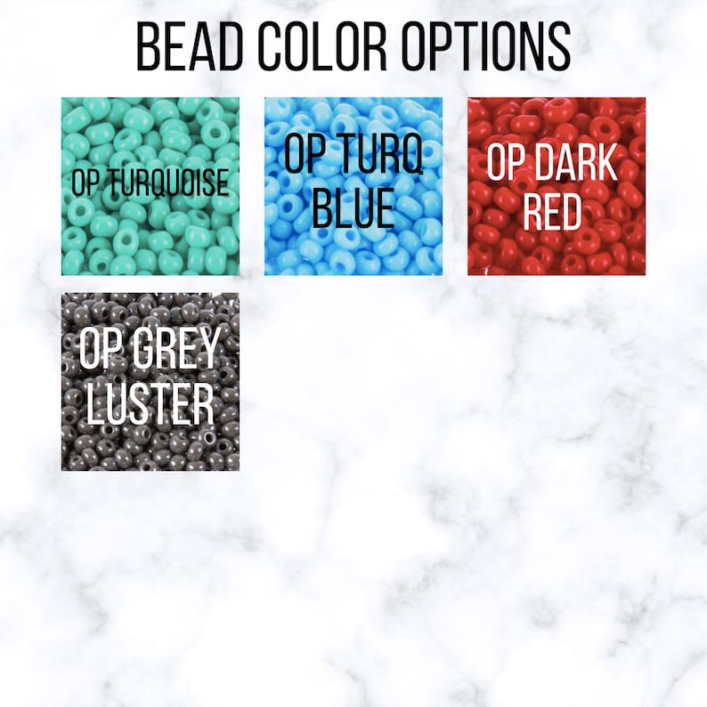 May include: A selection of colorful beads in turquoise, blue, red, and gray. The beads are labeled with their colors: "OP Turquoise", "OP Turq Blue", "OP Dark Red", and "OP Grey Luster".