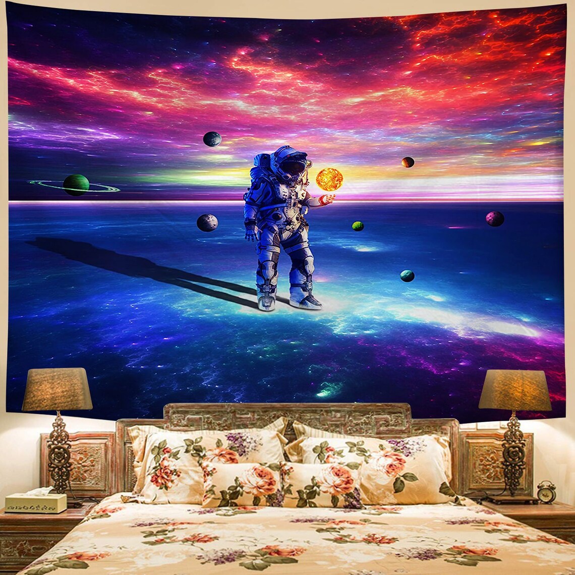 Astronaut Tapestry Universe Wall Hanging Colorful Outer Space Etsy