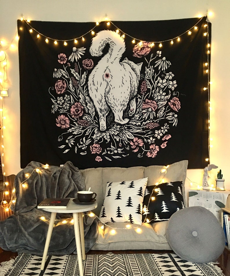 Home Decor Black Tapestry Hanging Cat Flower Rose Coven Carpet Wall Art Home Decor Boho Tapestries