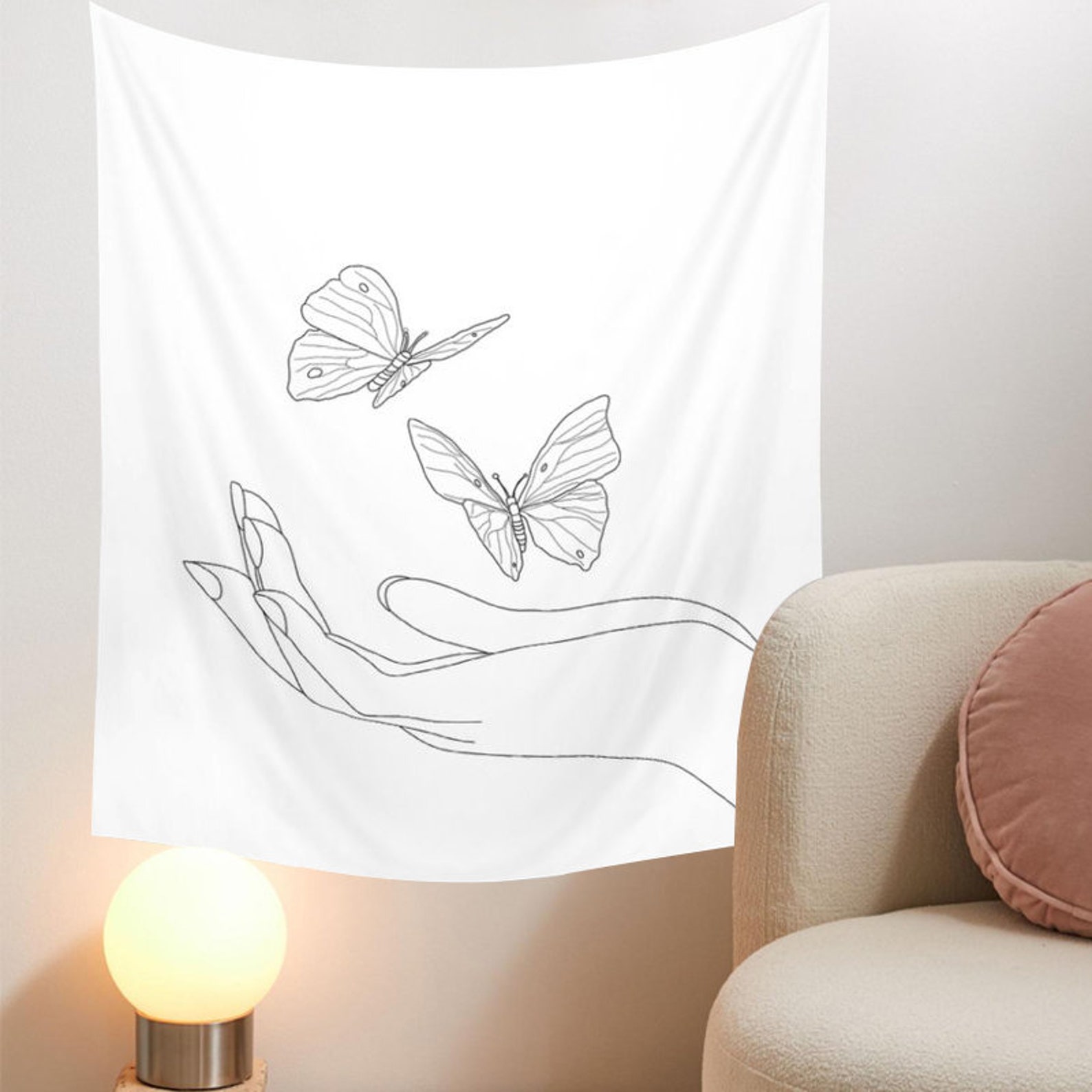 Simple Butterfly Painting Tapestry Wall Hanging White Etsy UK