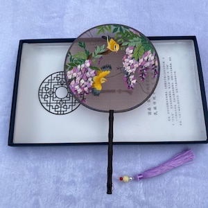 Wisteria Pattern Oriental Chinese Suzhou Double-sided Hand Embroidery Art Round Finished Framed Fan gift for relatives friends birthday gift