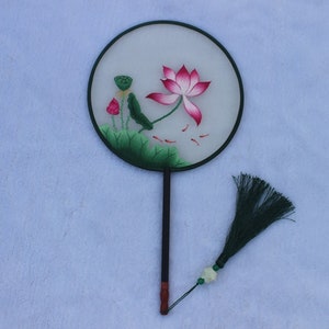 Lotus Water Lily Pattern Oriental Chinese Suzhou Suxiu Double-sided Hand Embroidery Art Round Fan Finished Framed gift fot mum