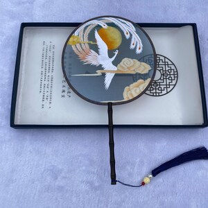 Crane Pattern Oriental Chinese Suzhou Double-sided Hand Embroidery Art Round Finished Framed Fan gift for relatives friends birthday gift