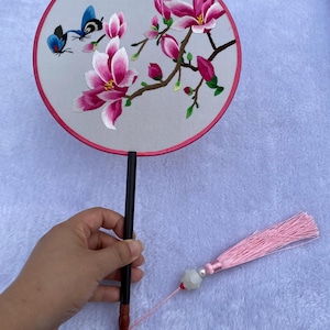 Pink Magnolia home decor Oriental Chinese Suzhou Double-sided Hand Embroidery Art Round Finished Framed Fan gift for friends birthday