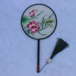 Water Lily Lotus Pattern Oriental Chinese Suzhou Suxiu Double-sided Hand Embroidery Art Round Fan Finished Framed gift for girlfriend