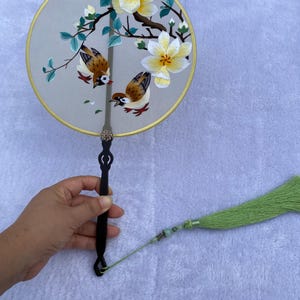 Magnolia birds home decor Oriental Chinese Suzhou Double-sided Hand Embroidery Art Round Finished Framed Fan gift for friends birthday