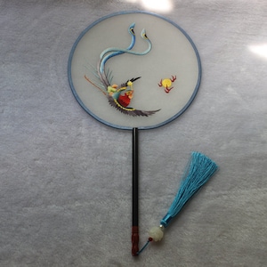 Phoenix and the Sun Pattern Oriental Chinese Suzhou Suxiu Double-sided Hand Embroidery Art Round Fan Finished Framed Fan gift for girlfriend