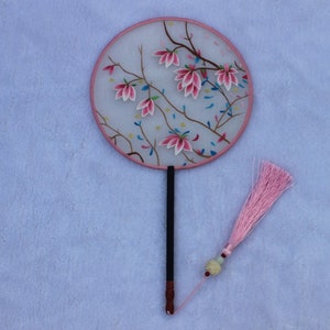 Pink Magnolia Pattern Oriental Chinese Suzhou Suxiu Double-sided Hand Embroidery Art Round Fan Finished Framed birthday gift